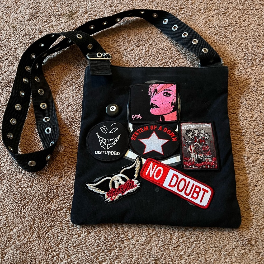 Black Crossbody Bag with Patches - Music Bands